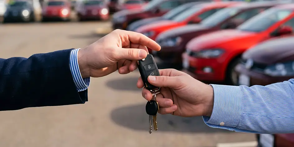 Car keys being handed over at a used car dealership lot