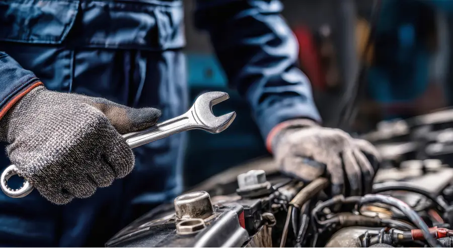 Technician holding a wrench while working on an engine during a mechanical repair