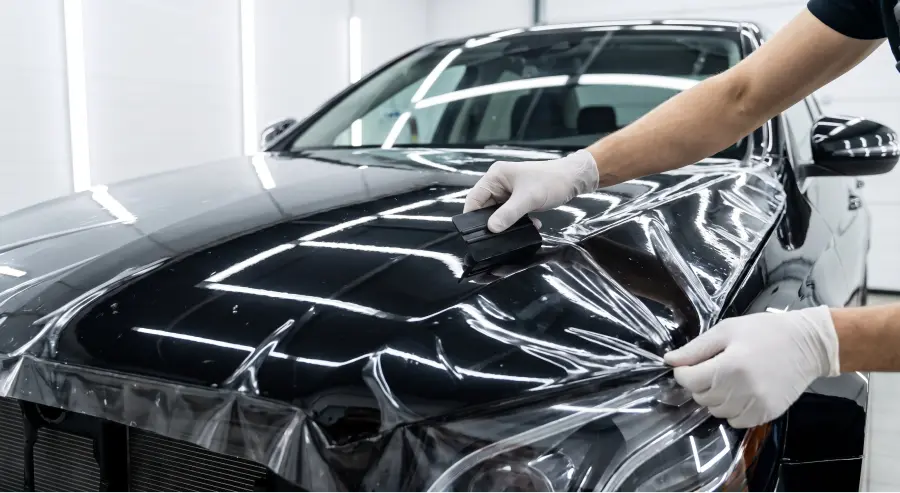Two installers stretching gloss black vinyl wrap across the hood of a car