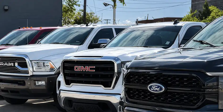 Saint Motors used car lot on State Street in Midvale, Utah, with trucks, SUVs and sedans below the Wasatch Mountains