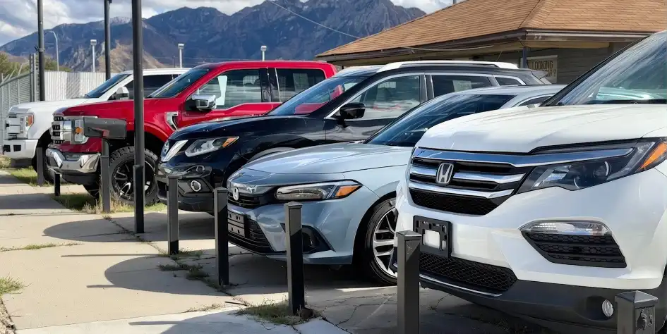 Saint Motors used car lot on State Street in Midvale, Utah, with trucks, SUVs and sedans below the Wasatch Mountains