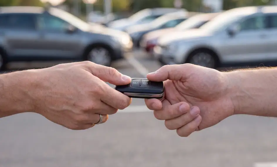 Car keys being handed from one person to another in a used car lot