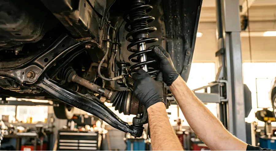 Mechanic replacing a front strut and inspecting the control arm and CV axle during a suspension repair