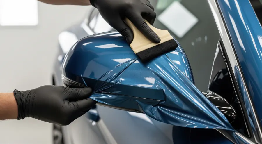 Installer applying blue vinyl wrap to a car's side mirror with a squeegee