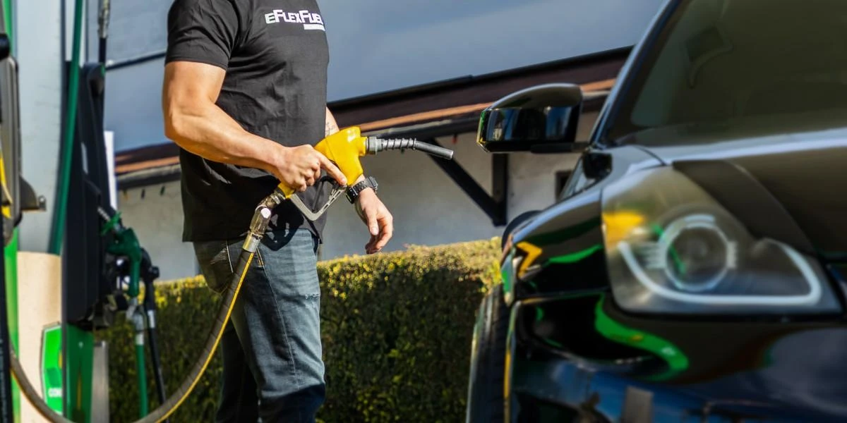 E85 fuel being pumped into a car at a fuel filling station