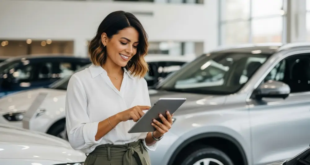 Woman using a tablet while browsing vehicles inside a car dealership showroom.