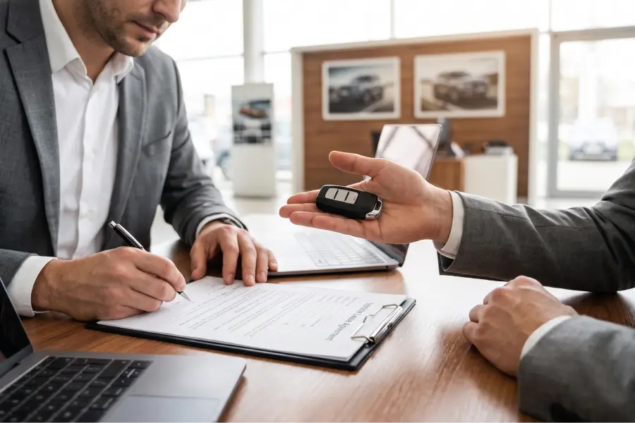 Customer signing car financing paperwork and receiving a key fob at Southern Motors in Savannah, GA