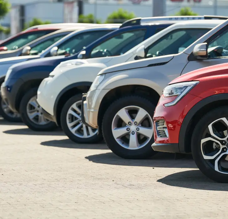 Row of used SUVs parked at dealership.