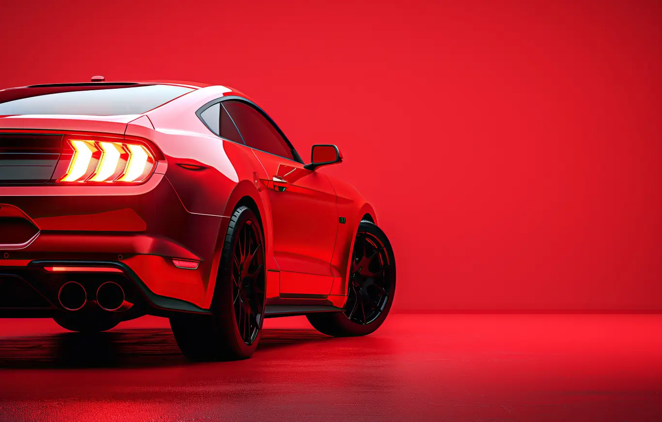 Red Ford Mustang, side view, on a red background
