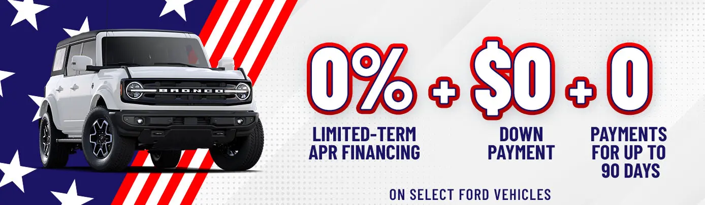 0% APR + $0 Down Payment + 0 Payments for up to 90 Days! Get your new Ford with us right here in Tipton!