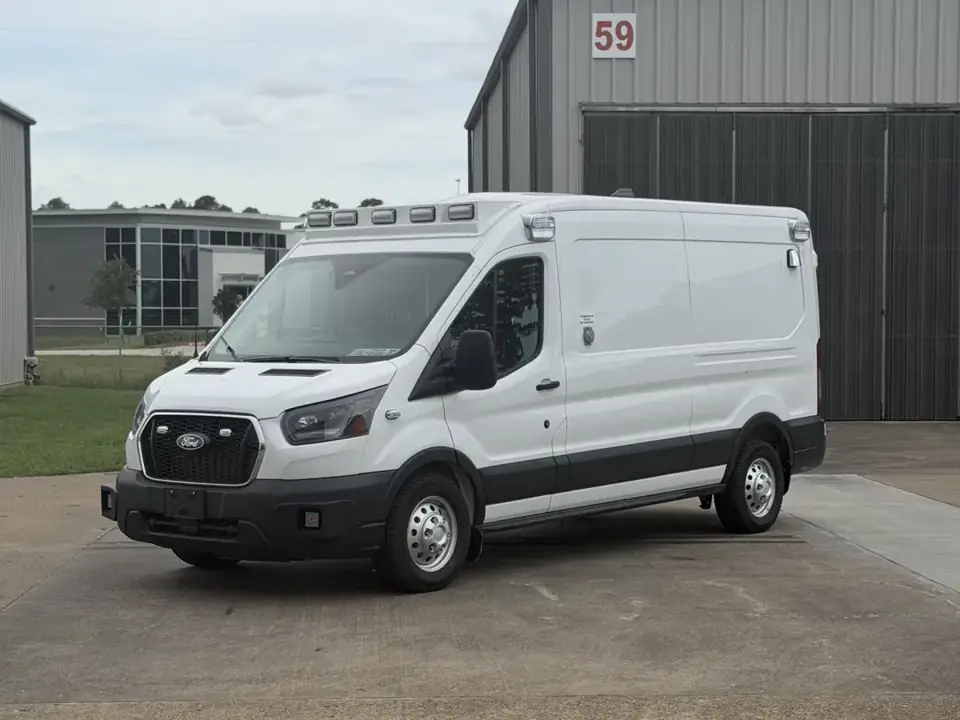 White Ford Transit ambulance outside the Trinity Apparatus shop