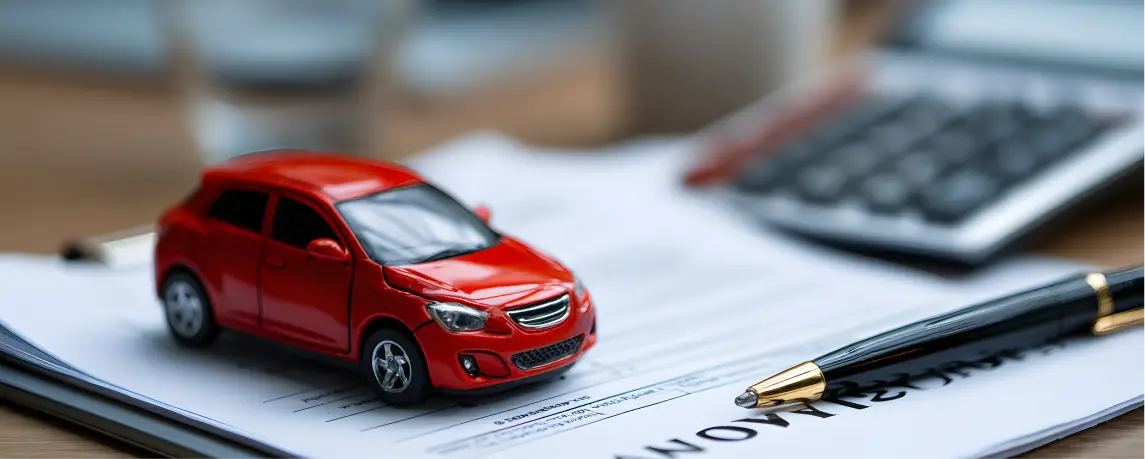 Small red car model on paperwork with pen and calculator.
