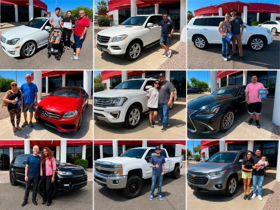Ultimate Autos customers with used cars, trucks, and SUVs at the Mesa, AZ dealership.