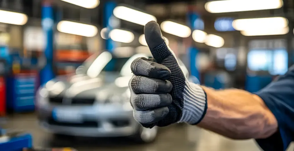 Automotive technician giving a thumbs-up in the Ultimate Autos service center