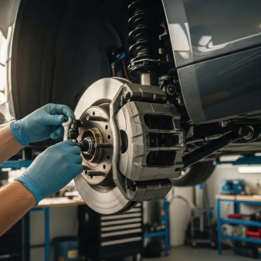 Technician repairing a vehicle brake system at Ultimate Powersports