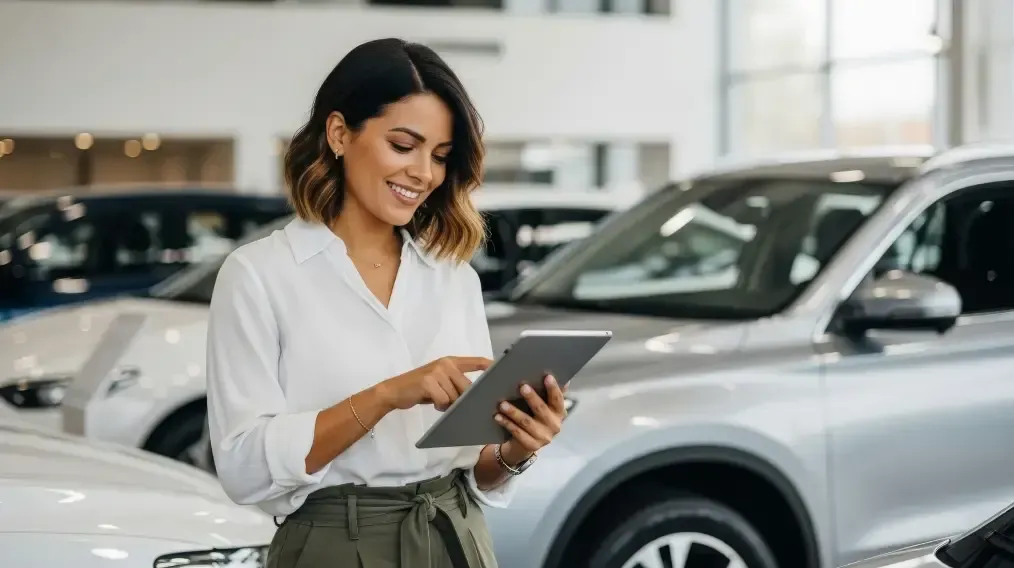 Customer reviewing vehicle inventory details on a tablet at a dealership