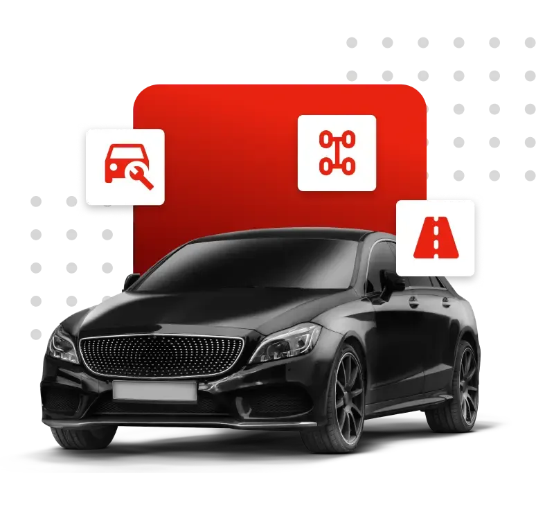 Black sedan with vehicle warranty and protection coverage icons