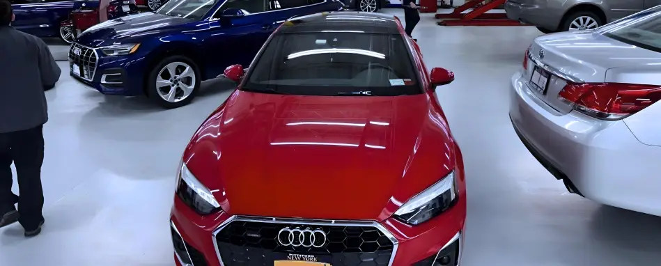 Red Audi sedan inside auto service shop surrounded by other vehicles