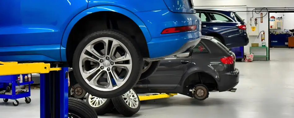 Multiple vehicles on lifts inside a clean auto service center undergoing maintenance and inspection