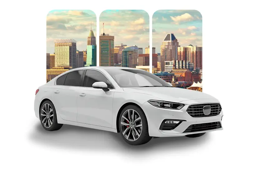 White sedan with Baltimore skyline background.