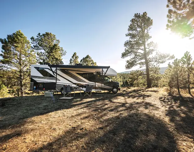 RV parked at a scenic campsite surrounded by trees and sunlight.