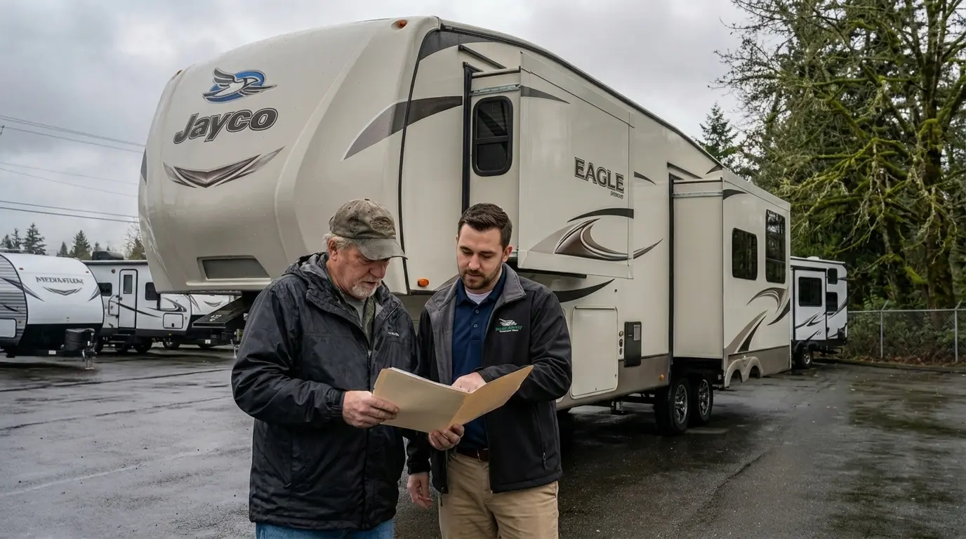 Owner and advisor reviewing service records next to a used fifth wheel at a Kent, WA RV dealership