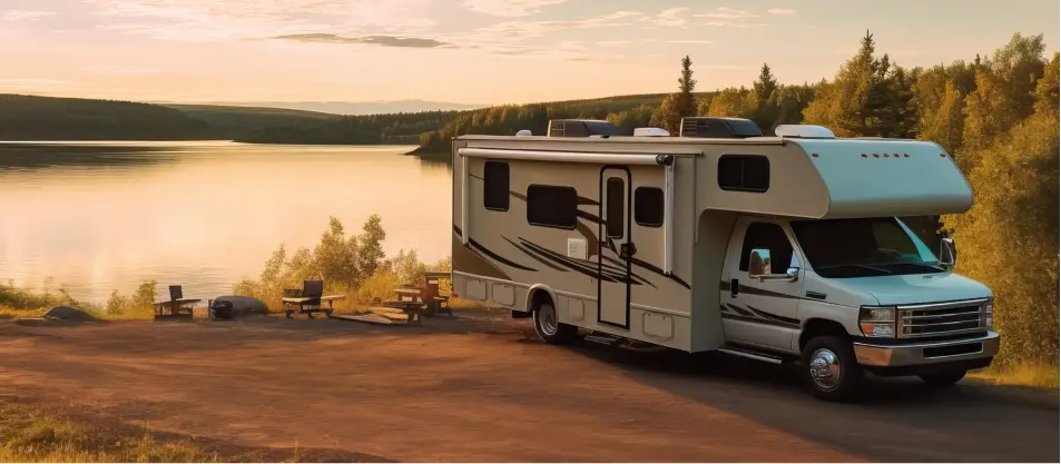 RV parked by a lakeside campsite at sunset.