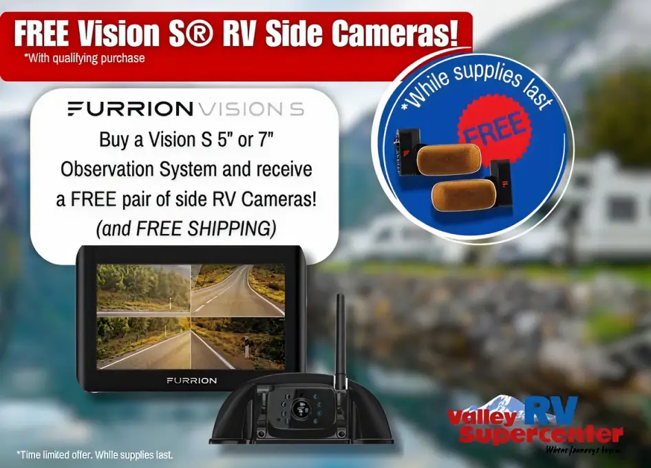 RV camera promotion offering free Vision S side cameras with purchase of Furrion Vision S system.