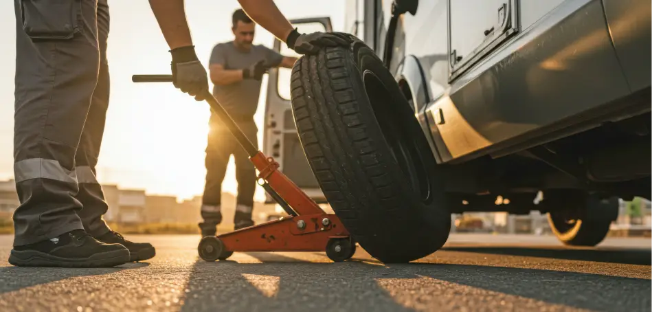 Technician changing a tire on an RV using a jack.