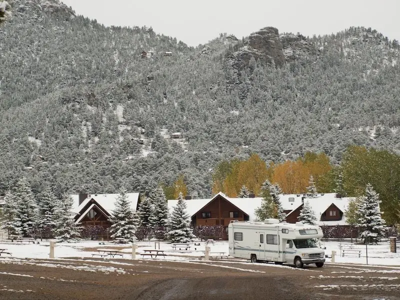 RV campsite in snow at Estes park, Colorado.