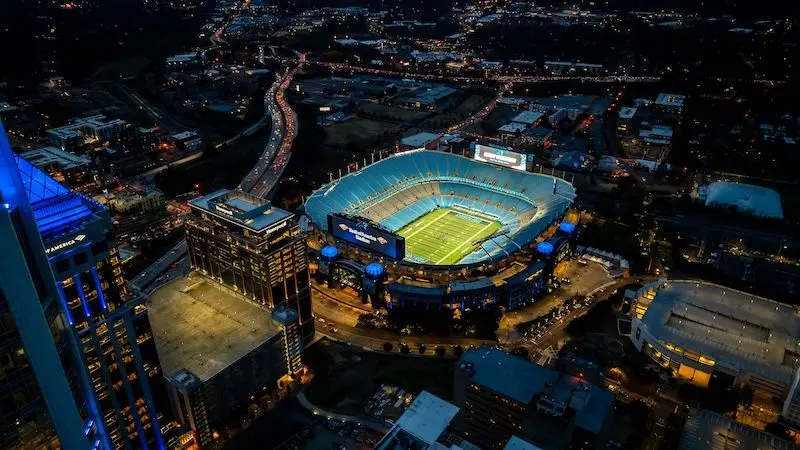 November 14, 2023 - Charlotte, North Carolina, USA: Night aerial view of the Bank of America Stadium, home of the National Football League Carolina Panthers and MLS Charlotte FC football club.
