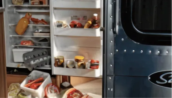 Open RV refrigerator stocked with food and kitchen items.