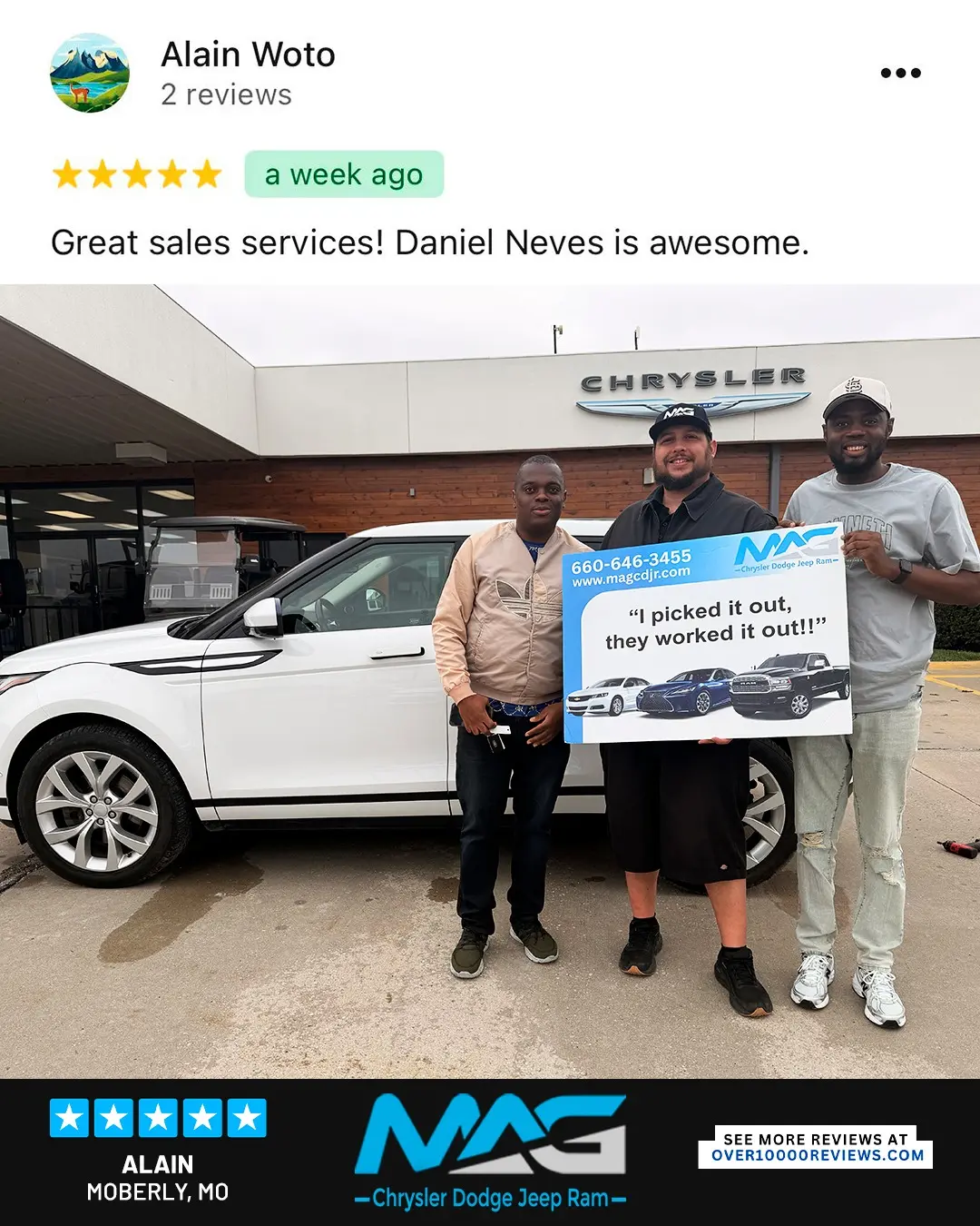 Smiling MAG CDJR customer featured in a testimonial about excellent car buying experience