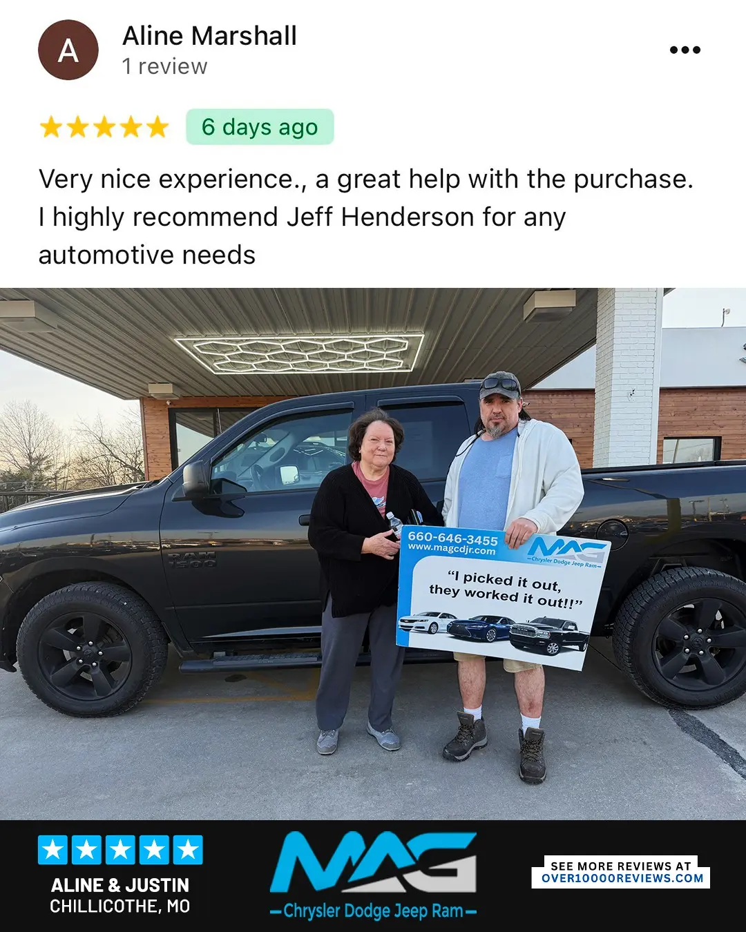 Smiling MAG CDJR customer featured in a testimonial about excellent car buying experience