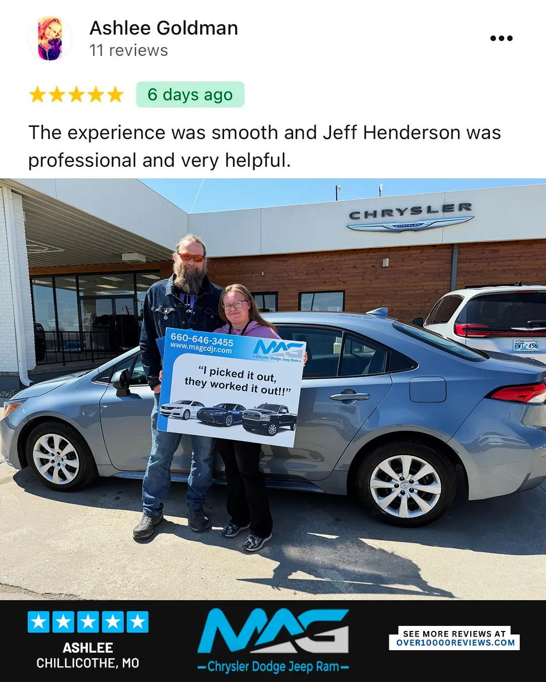 Smiling MAG CDJR customer featured in a testimonial about excellent car buying experience