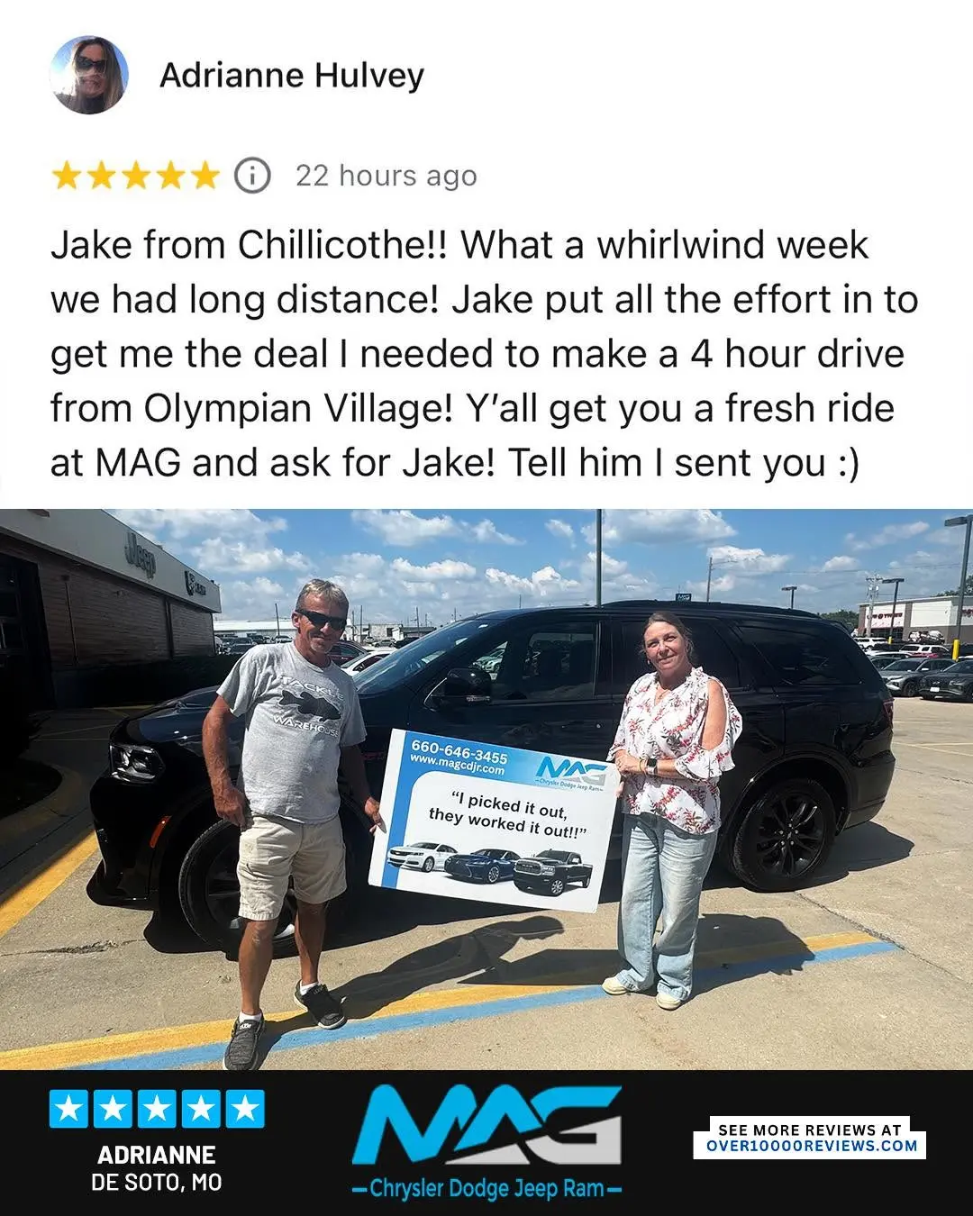 Smiling MAG CDJR customer featured in a testimonial about excellent car buying experience