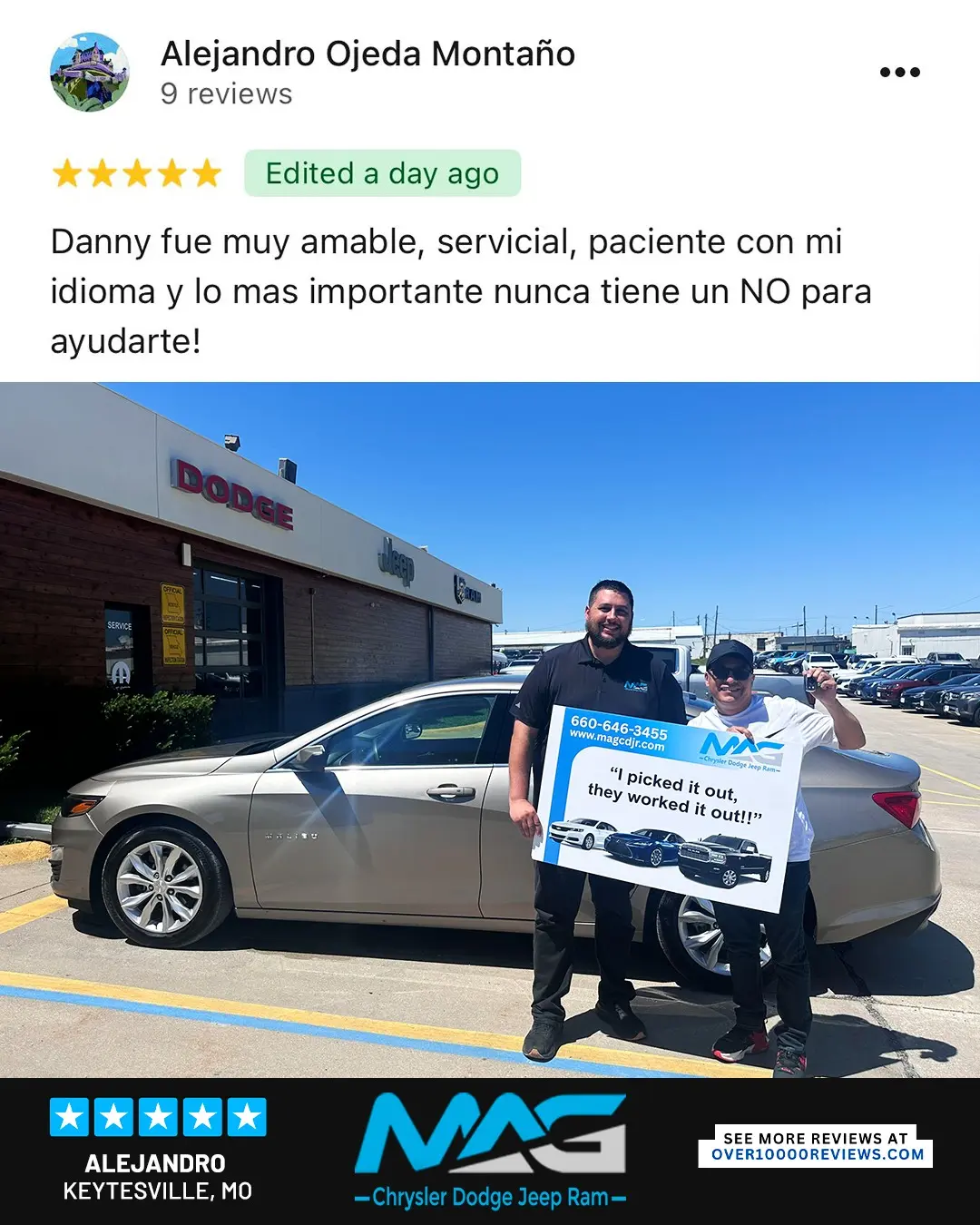 Smiling MAG CDJR customer featured in a testimonial about excellent car buying experience