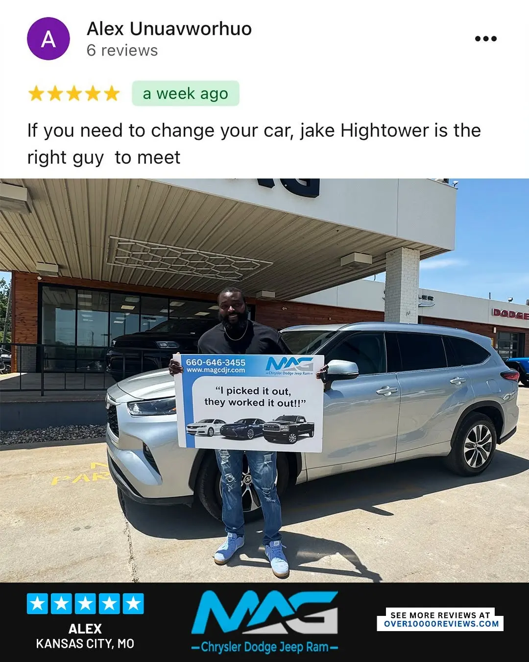 Smiling MAG CDJR customer featured in a testimonial about excellent car buying experience
