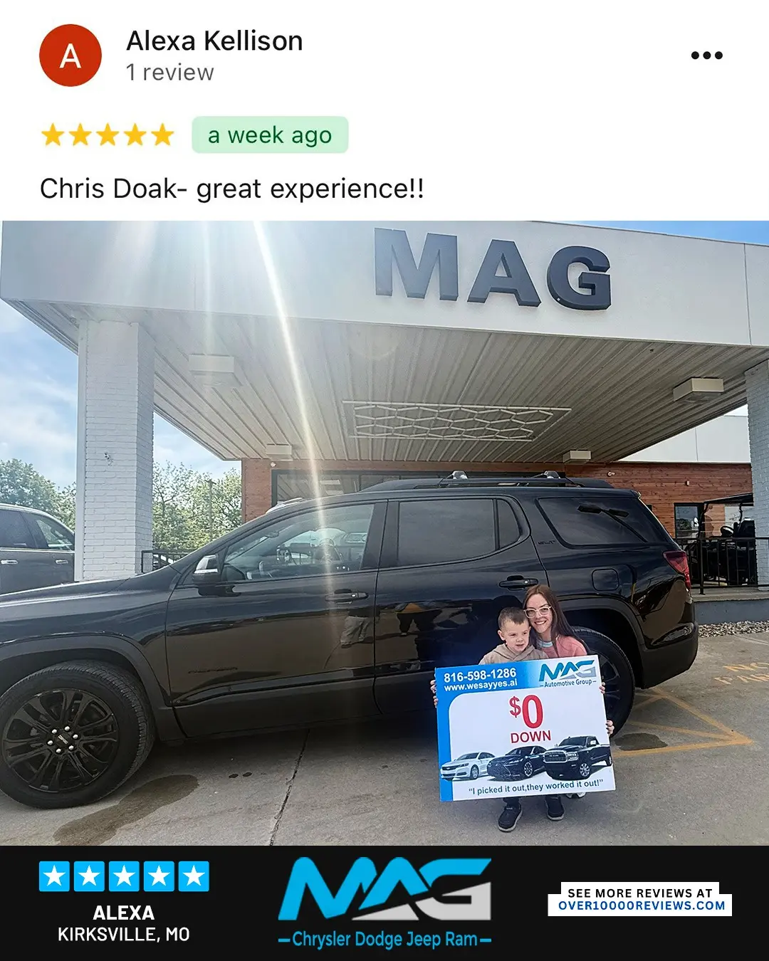 Smiling MAG CDJR customer featured in a testimonial about excellent car buying experience