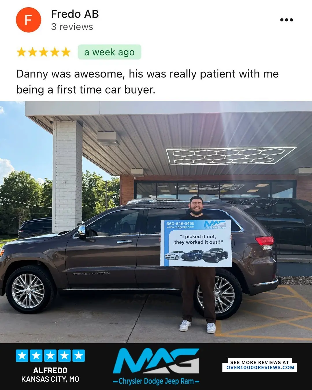 Smiling MAG CDJR customer featured in a testimonial about excellent car buying experience