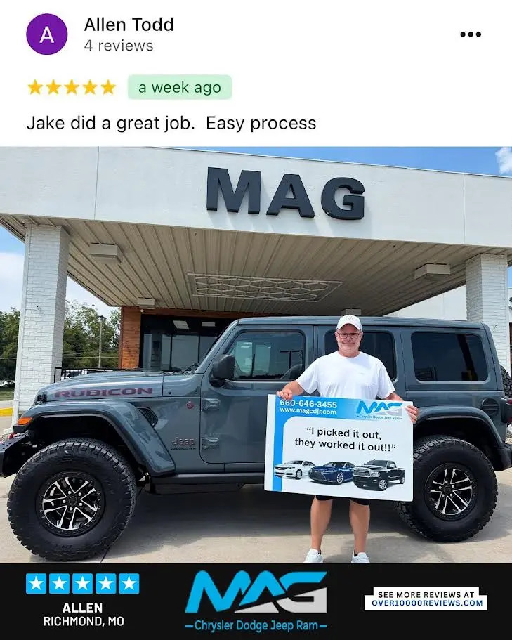 Smiling MAG CDJR customer featured in a testimonial about excellent car buying experience