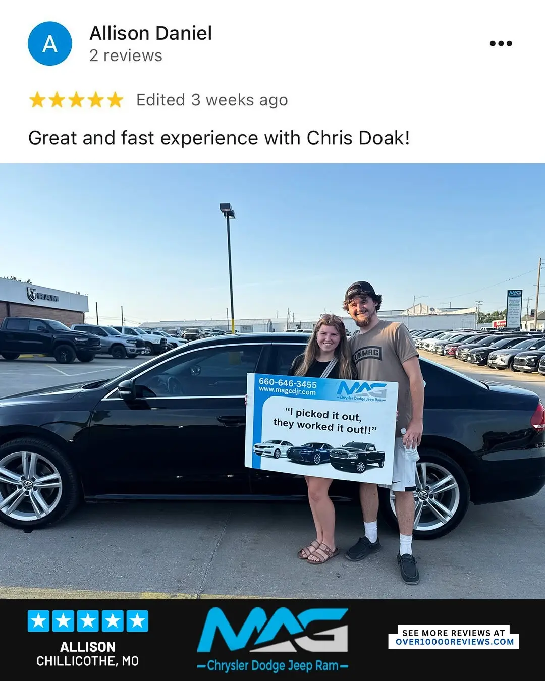 Smiling MAG CDJR customer featured in a testimonial about excellent car buying experience
