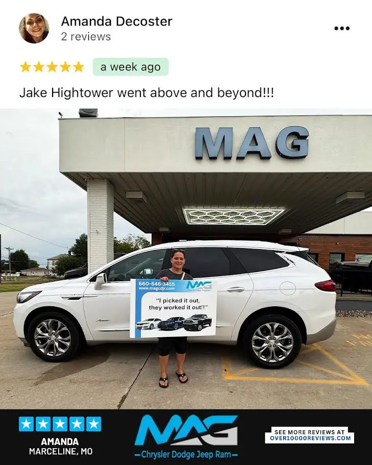 Smiling MAG CDJR customer featured in a testimonial about excellent car buying experience
