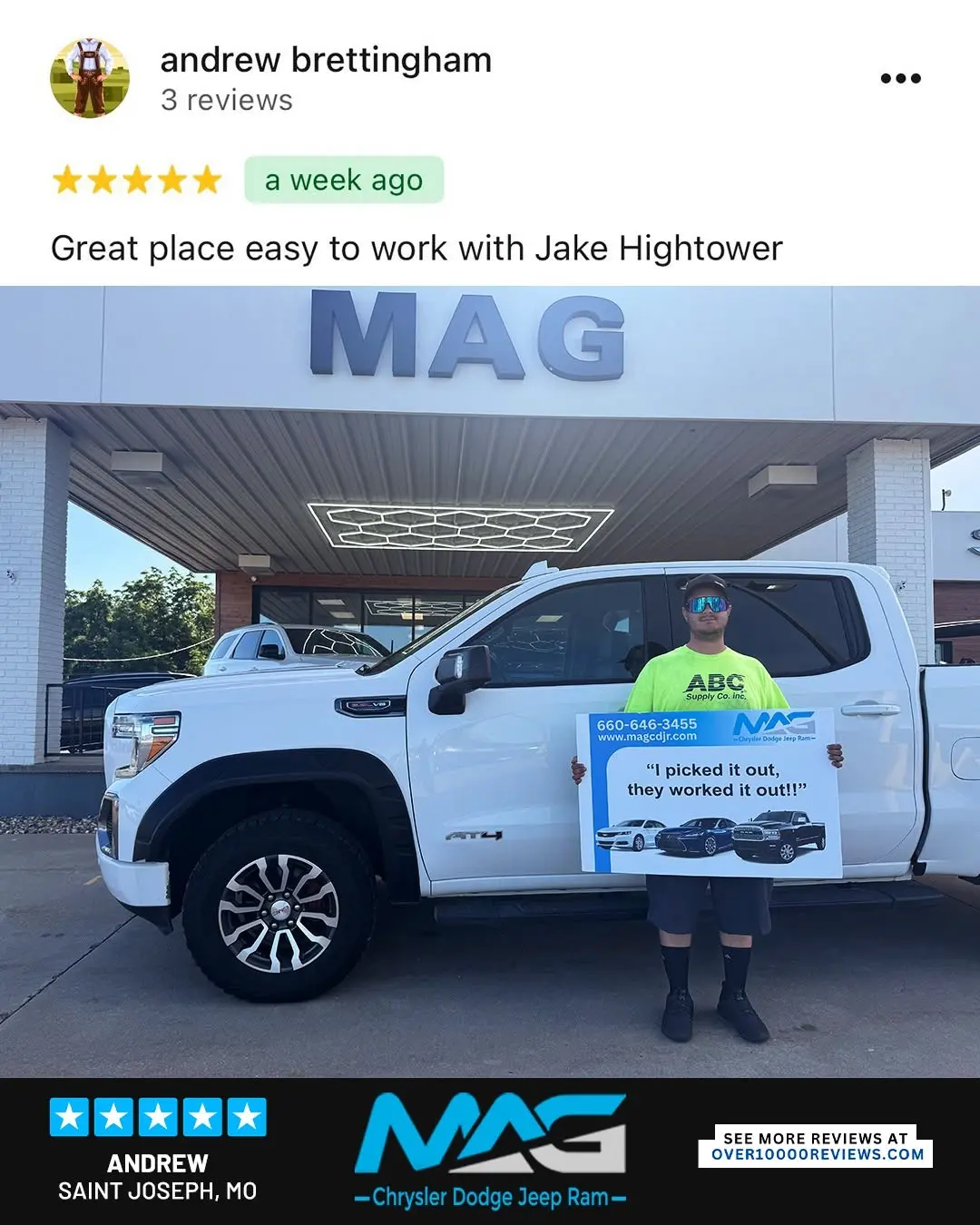 Smiling MAG CDJR customer featured in a testimonial about excellent car buying experience