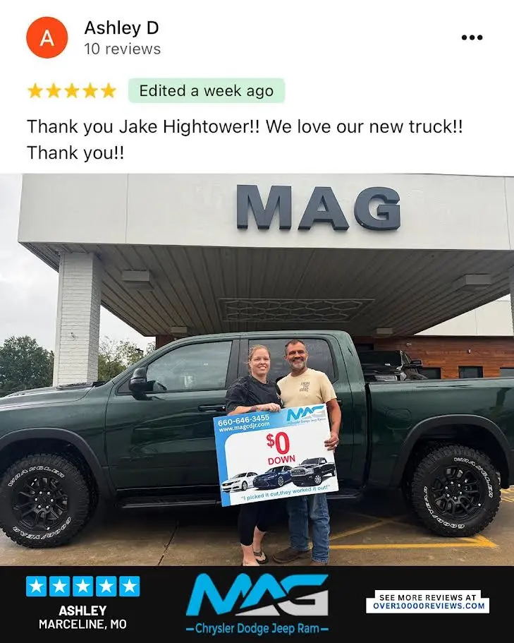 Smiling MAG CDJR customer featured in a testimonial about excellent car buying experience