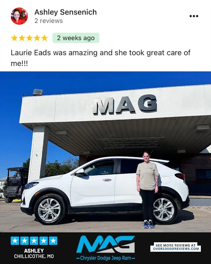 Smiling MAG CDJR customer featured in a testimonial about excellent car buying experience
