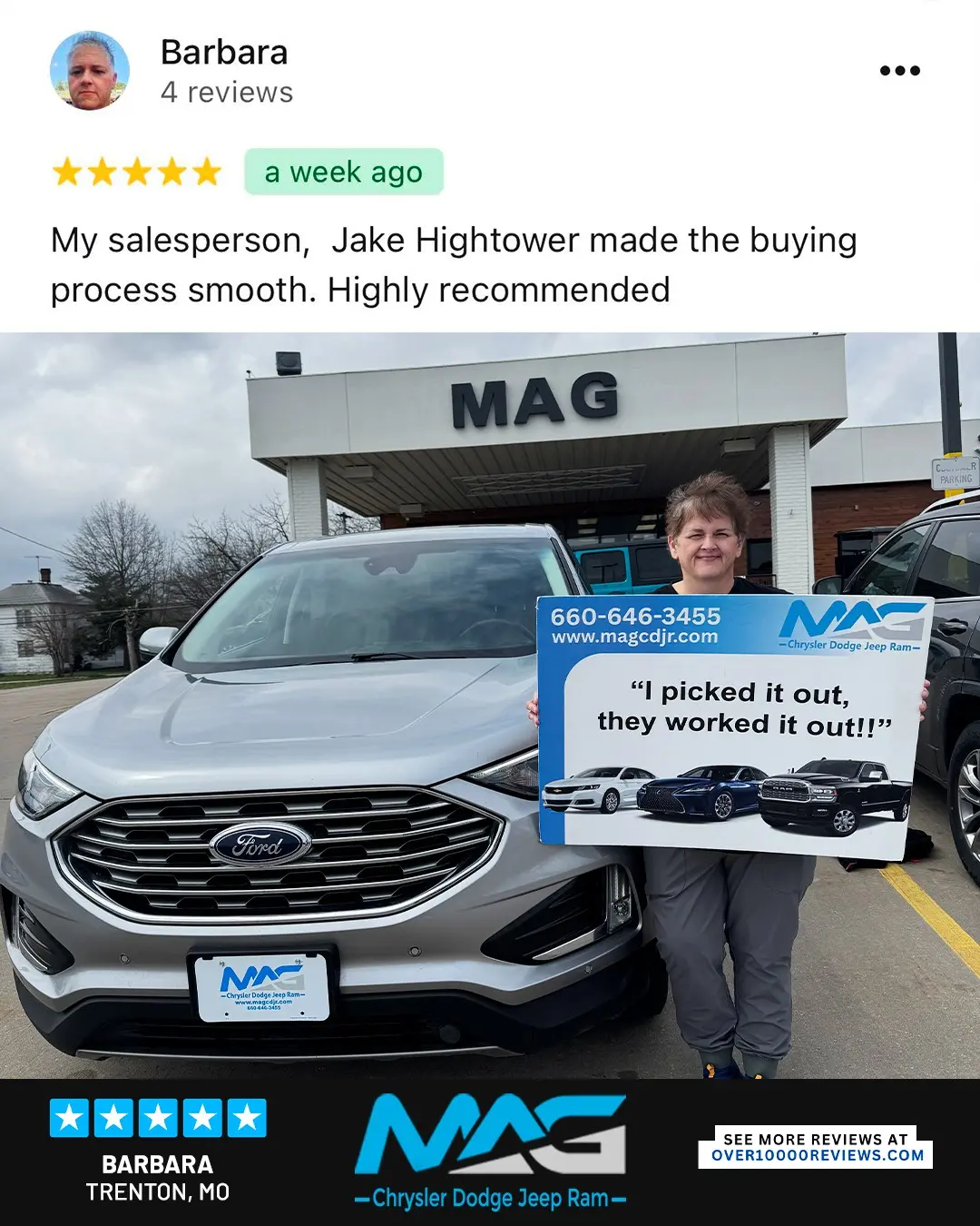 Smiling MAG CDJR customer featured in a testimonial about excellent car buying experience