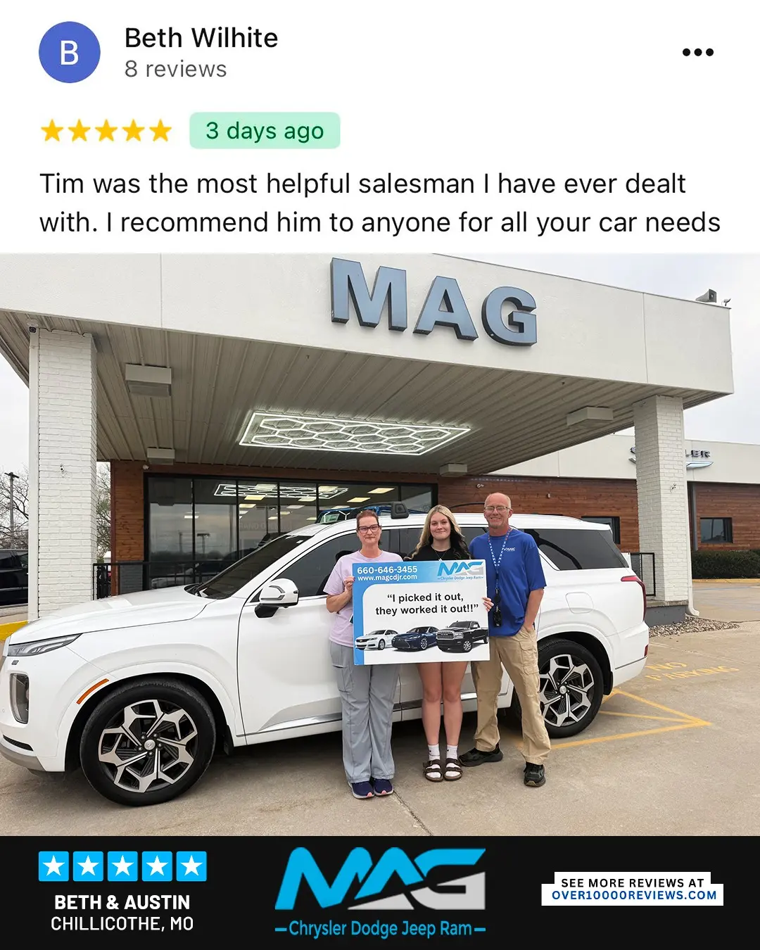 Smiling MAG CDJR customer featured in a testimonial about excellent car buying experience