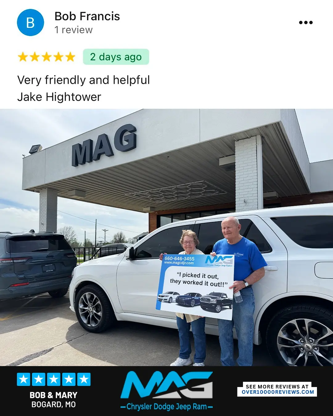 Smiling MAG CDJR customer featured in a testimonial about excellent car buying experience