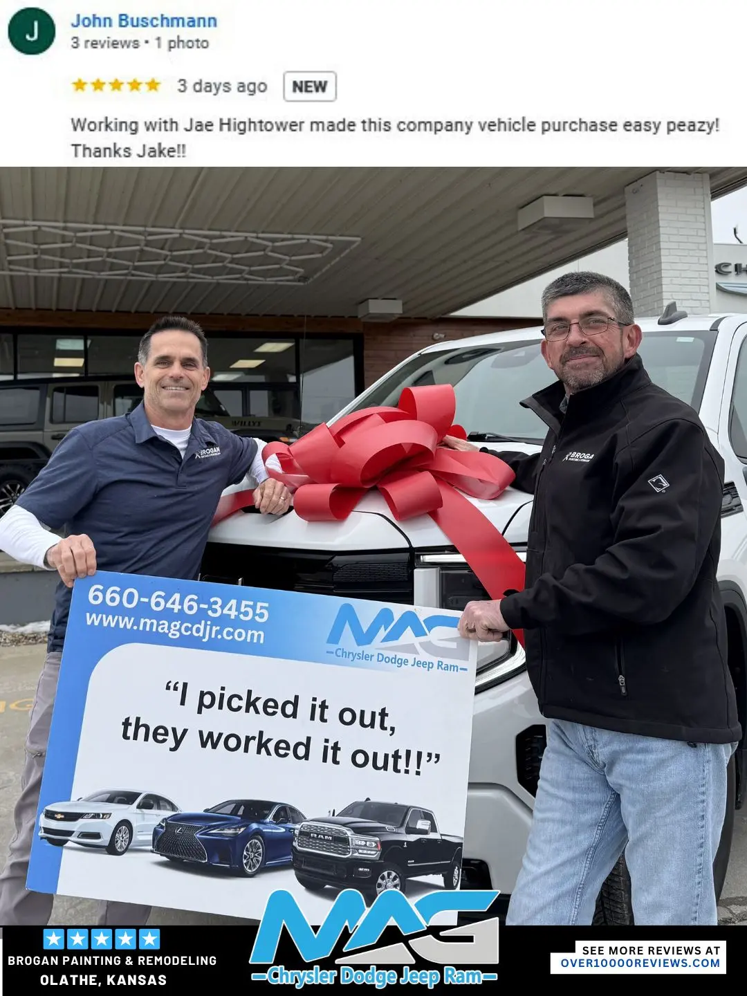 Smiling MAG CDJR customer featured in a testimonial about excellent car buying experience